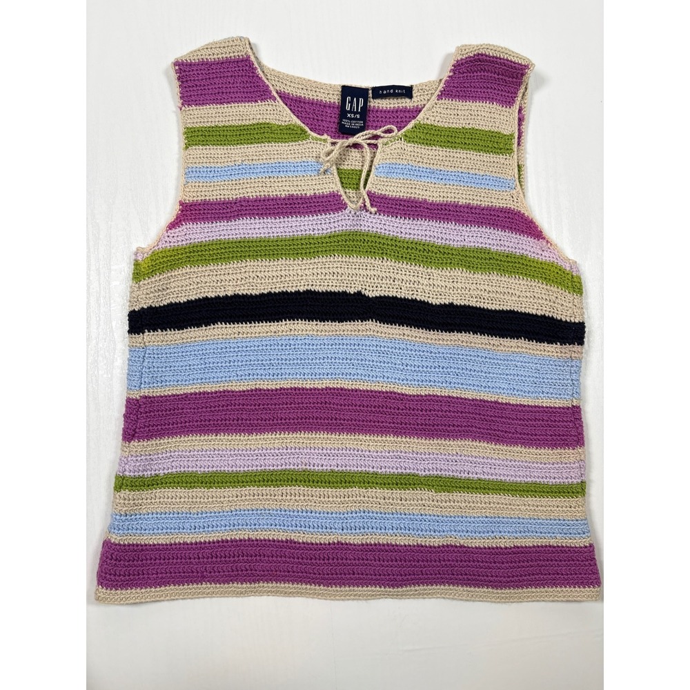 Gap Vintage Hand Knit Crochet Striped Sweater Vest XS/S Multicolor Festival Boho